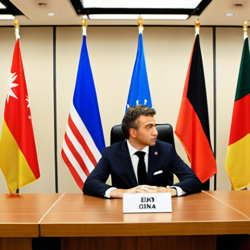 Home 4 A diplomat, dressed in a suit, is confidently negotiating at a table with representatives from other countries. The setting is a modern conference room with flags of various nations displayed in the background. The image should convey a sense of professionalism, diplomacy, and international cooperation. Focus on the diplomat's assured demeanor and the importance of communication.