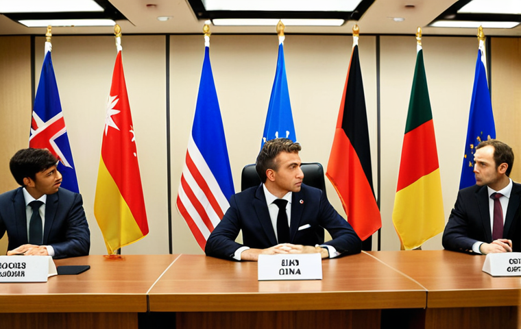 A diplomat, dressed in a suit, is confidently negotiating at a table with representatives from other countries. The setting is a modern conference room with flags of various nations displayed in the background. The image should convey a sense of professionalism, diplomacy, and international cooperation. Focus on the diplomat's assured demeanor and the importance of communication.