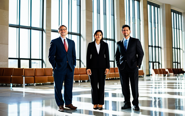 A dignified, diverse group of professional legal experts, fully clothed in modest business attire, standing confidently in a grand, modern courthouse lobby. Sunlight streams through large windows, highlighting architectural details and creating an atmosphere of transparency and integrity. The scene emphasizes their role in upholding justice and protecting fundamental liberties. Perfect anatomy, correct proportions, natural pose, well-formed hands, proper finger count, natural body proportions, professional photography, high resolution, safe for work, appropriate content, family-friendly.