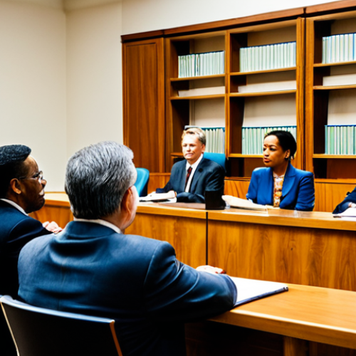 Home 21 Citizen Deliberation in Action**
"A diverse group of fully clothed people, men and women of varying ages and ethnicities, sitting around a large table in a modern courtroom setting. They are engaged in a serious but respectful discussion, some taking notes, others gesturing thoughtfully. A judge in professional attire is seated at the head of the table, observing the deliberation. The room is well-lit and professional. safe for work, appropriate content, fully clothed, professional, perfect anatomy, correct proportions, natural pose, well-formed hands, proper finger count, natural body proportions, high quality, photograph."
**