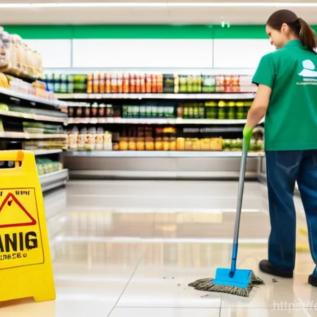 민법상 불법행위 손해배상 - A well-lit, modern supermarket aisle with polished floors. In the middle of the aisle, there is a sm...