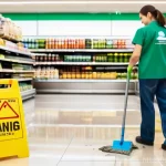 민법상 불법행위 손해배상 - A well-lit, modern supermarket aisle with polished floors. In the middle of the aisle, there is a sm...