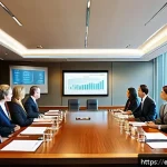 상법상 회사의 해산과 청산 - A professional corporate boardroom scene with diverse business executives in formal attire seated ar...