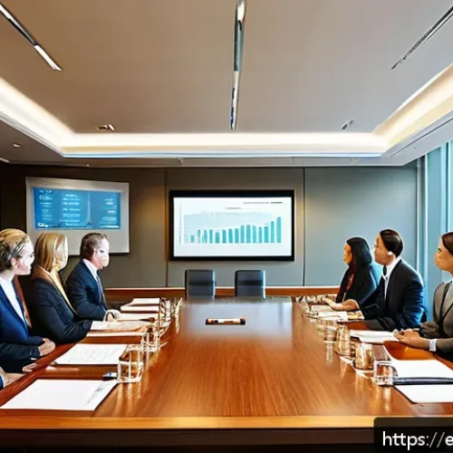 상법상 회사의 해산과 청산 - A professional corporate boardroom scene with diverse business executives in formal attire seated ar...