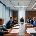 민사소송법상 강제집행 절차 - A professional legal office scene showing a diverse group of enforcement officers and attorneys gath...