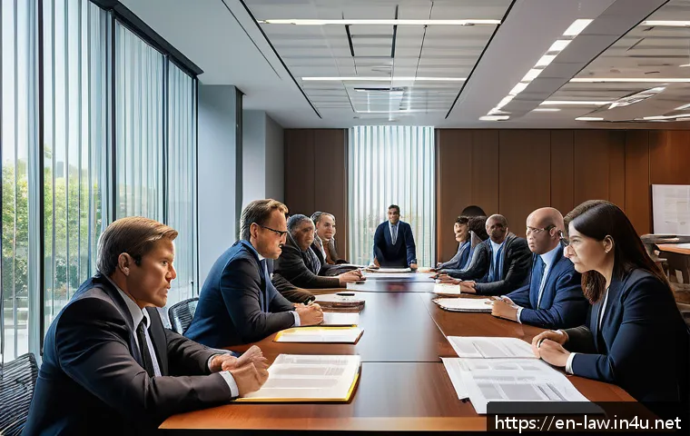 민사소송법상 강제집행 절차 - A professional legal office scene showing a diverse group of enforcement officers and attorneys gath...